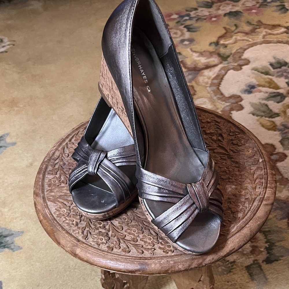 Denver Hayes Metallic Pewter Peep-Toe Heels